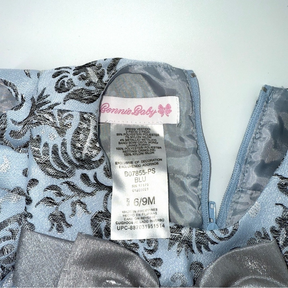 Bonnie Baby Tapestry Silver and Blue Floral Baby Dress with Bow - Picture 4 of 5